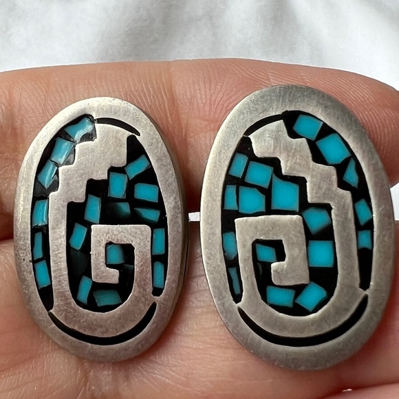 VINTAGE MEXICAN STERLING SILVER INLAID TURQUOISE ENAMEL CUFFLINKS HEAVY MADE